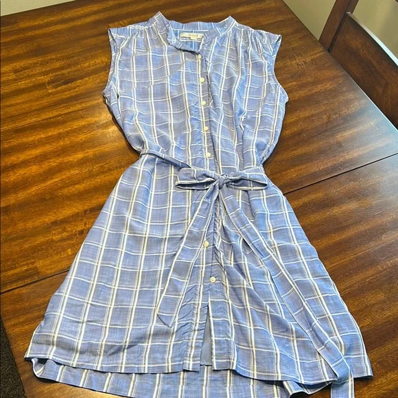 LOFT Light Blue Checkered Sleeveless Dress - Picture 3 of 7